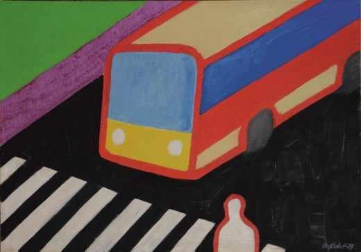 Přechod a autobus, 1979, olej, lepenka, 35x50 cm
