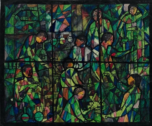 Sketch for stained glass called Strojíři, 1943-1944, combined technique, 24 x 30 cm